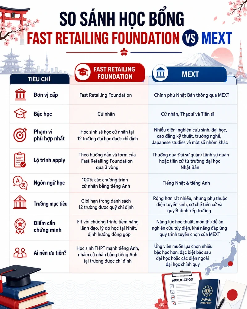 Bảng so sánh nhanh học bổng Fast Retailing vs MEXT