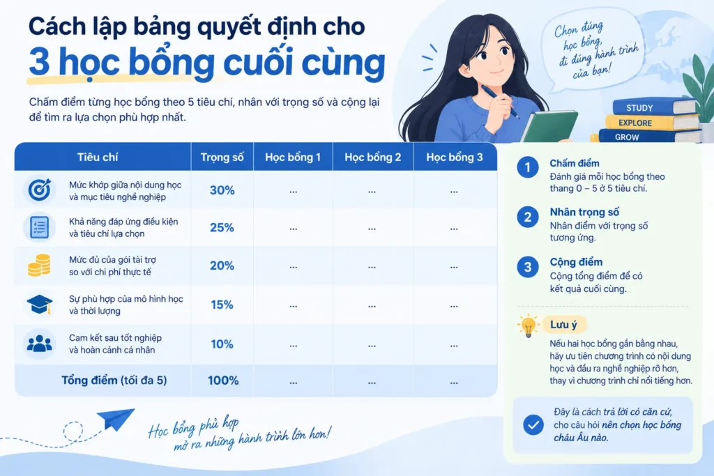 Cách lập bảng quyết định cho 3 học bổng cuối cùng